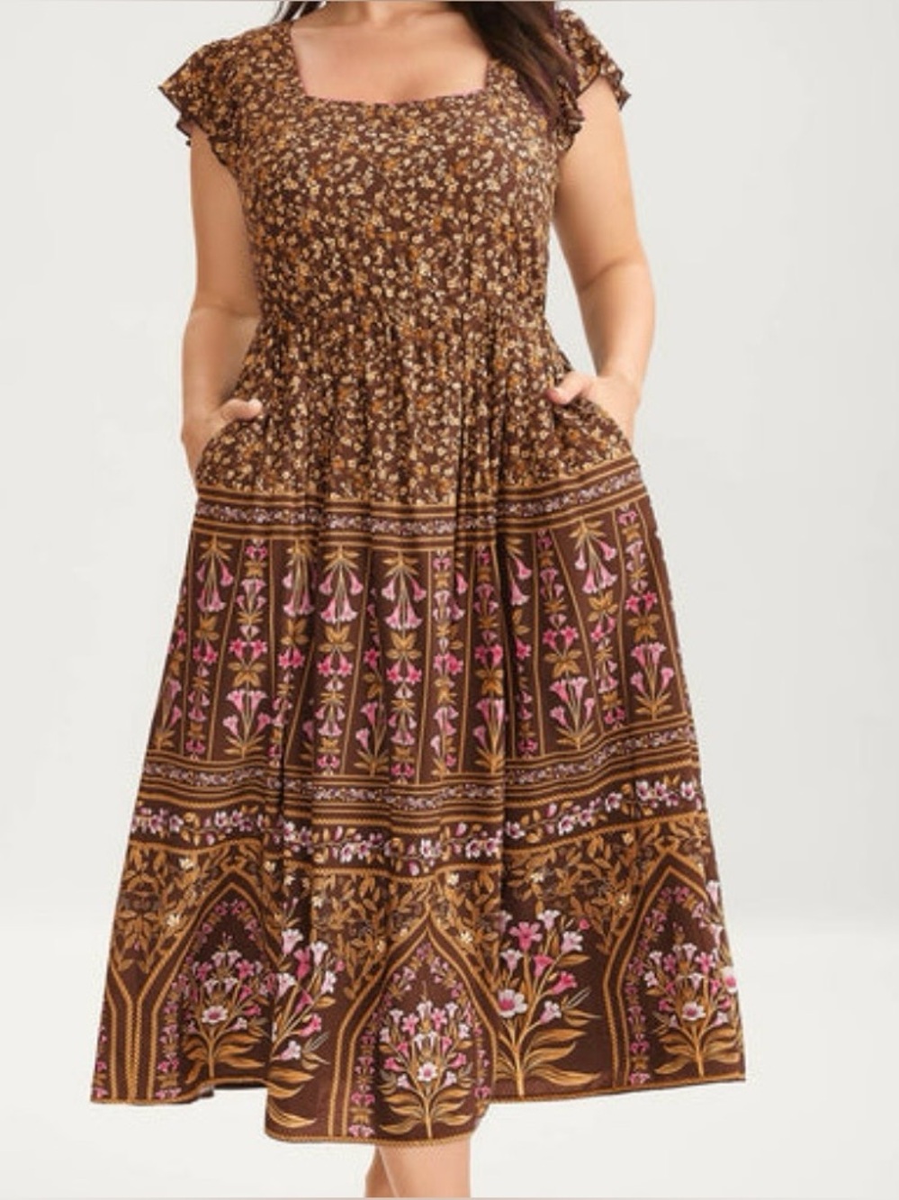 Rayon Garden Fresh Ruffled Sleeve Midi Dress